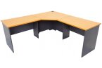 Corner desk from the Rapid Worker Range. 1800mm x 1800mm x 600mm deep. It has durable 25mm thick Beech coloured tops over an 18mm thick Ironstone coloured base/undercarriage.